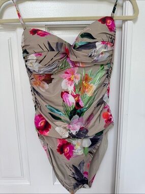 La Blanca Taupe Floral One-Piece Swimsuit with Pink & Green Accents
